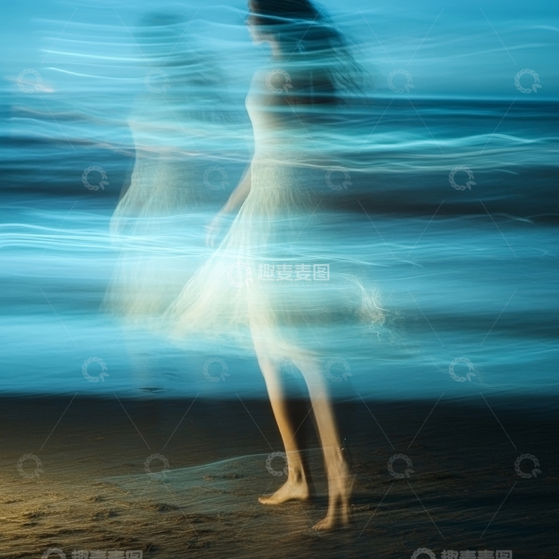 高清大图下载【趣麦麦图】海边模糊舞动的身影