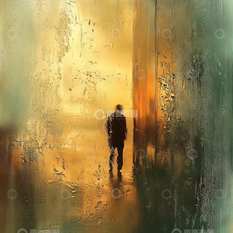 雨中行者：朦胧光影下的孤独身影