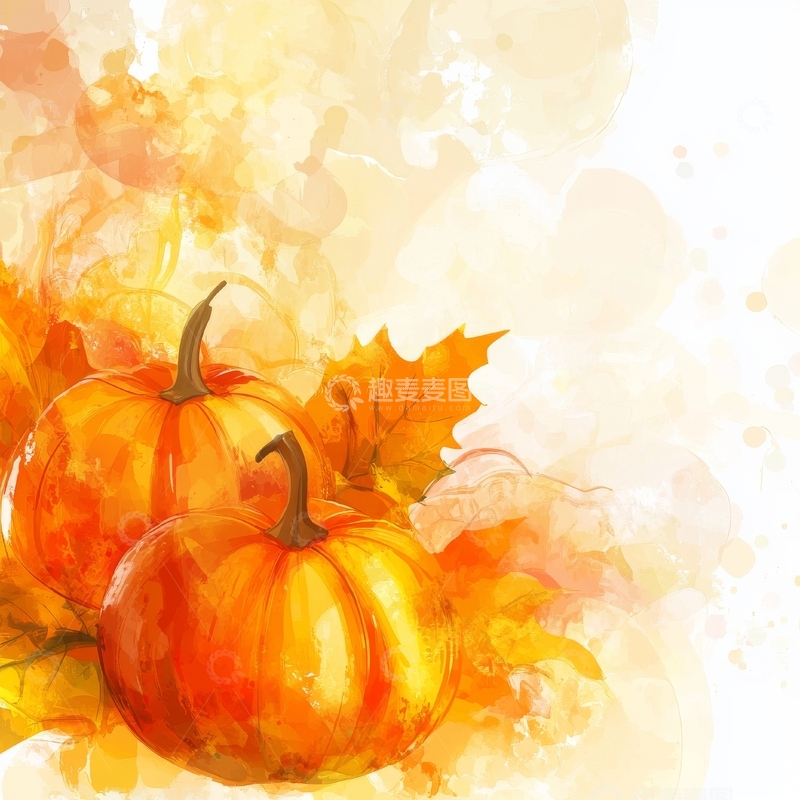 高清大图下载【趣麦麦图】水彩风格的秋季南瓜与枫叶
