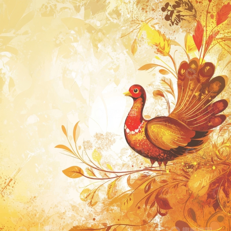 高清大图下载【趣麦麦图】华丽火鸡与秋叶装饰背景