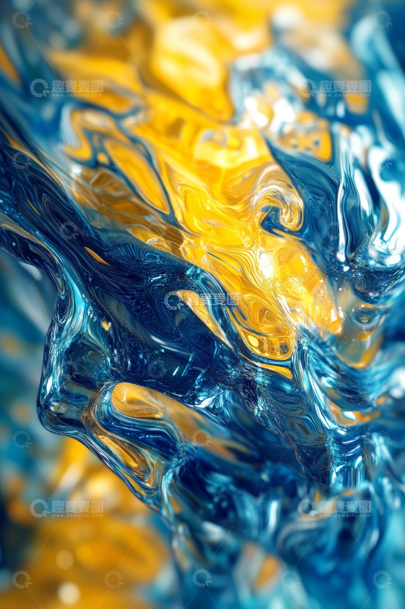 高清大图下载【趣麦麦图】蓝黄交织的抽象液体艺术