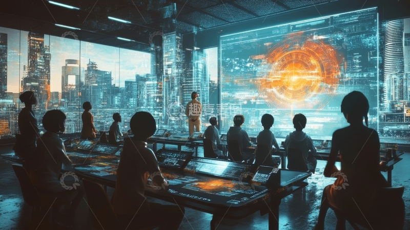 高清大图下载【趣麦麦图】未来科技会议室，众人研讨虚拟投影