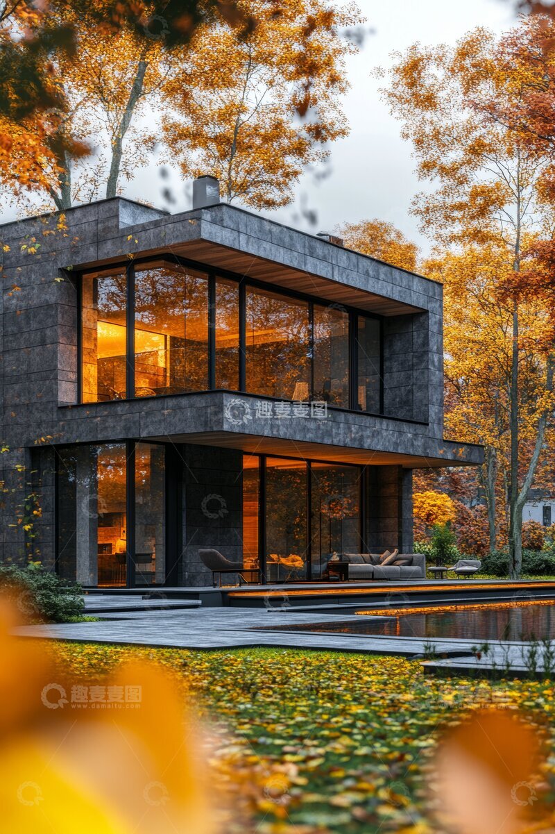 高清大图下载【趣麦麦图】现代别墅秋景，温暖灯光映衬