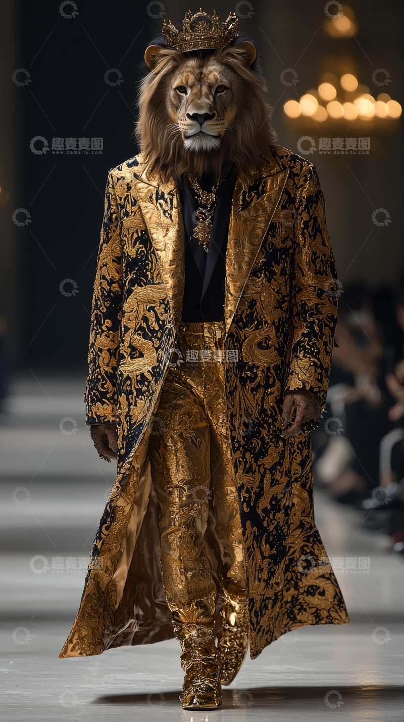 高清大图下载【趣麦麦图】狮子头模特身着华丽金色长袍走秀