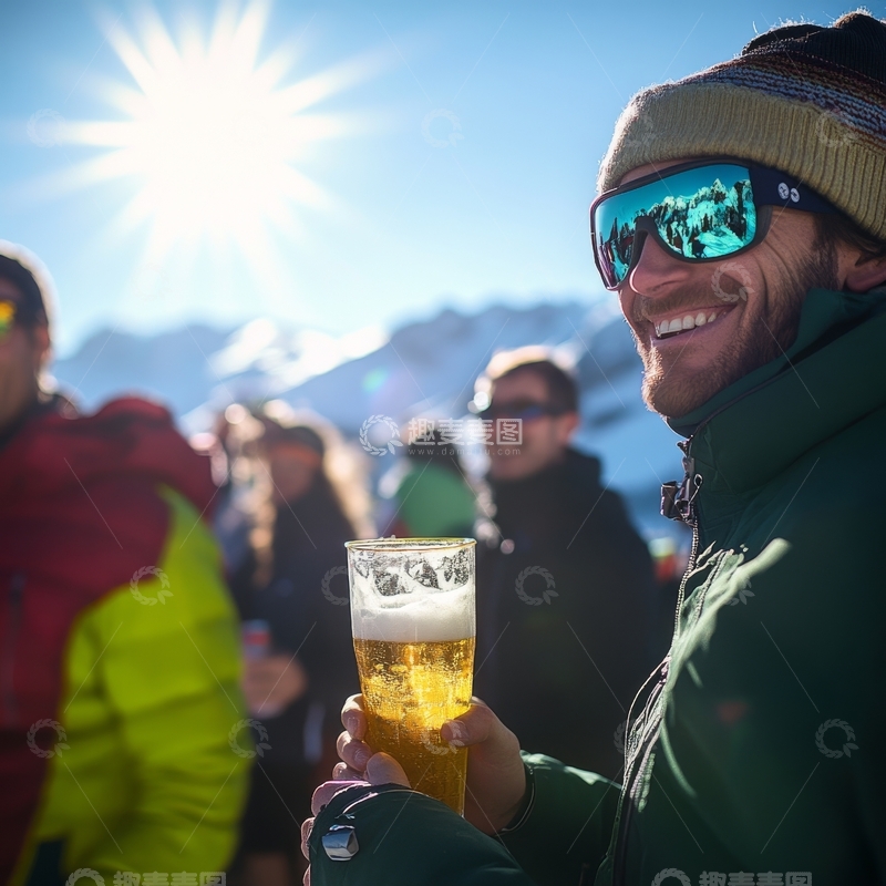 高清大图下载【趣麦麦图】雪山下，男子手持啤酒微笑
