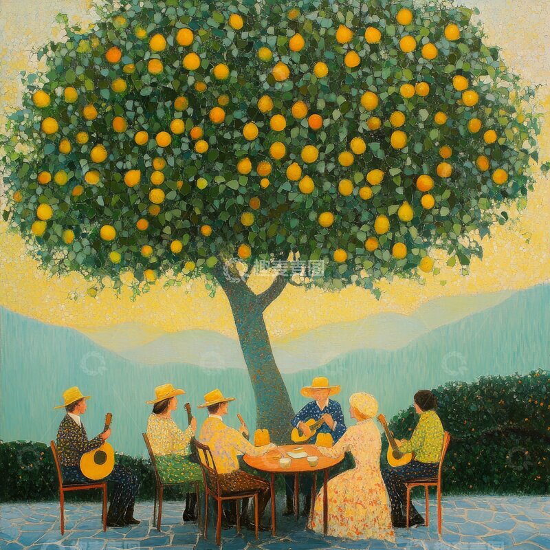 高清大图下载【趣麦麦图】树下弹奏音乐的人们