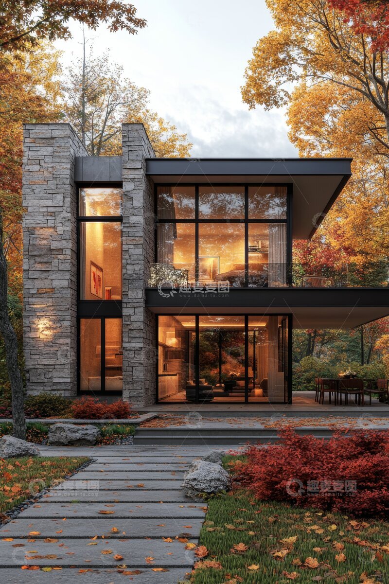 高清大图下载【趣麦麦图】现代石砌别墅秋景