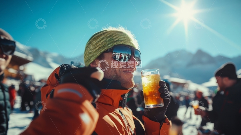 高清大图下载【趣麦麦图】雪地阳光下，男子手持饮品微笑