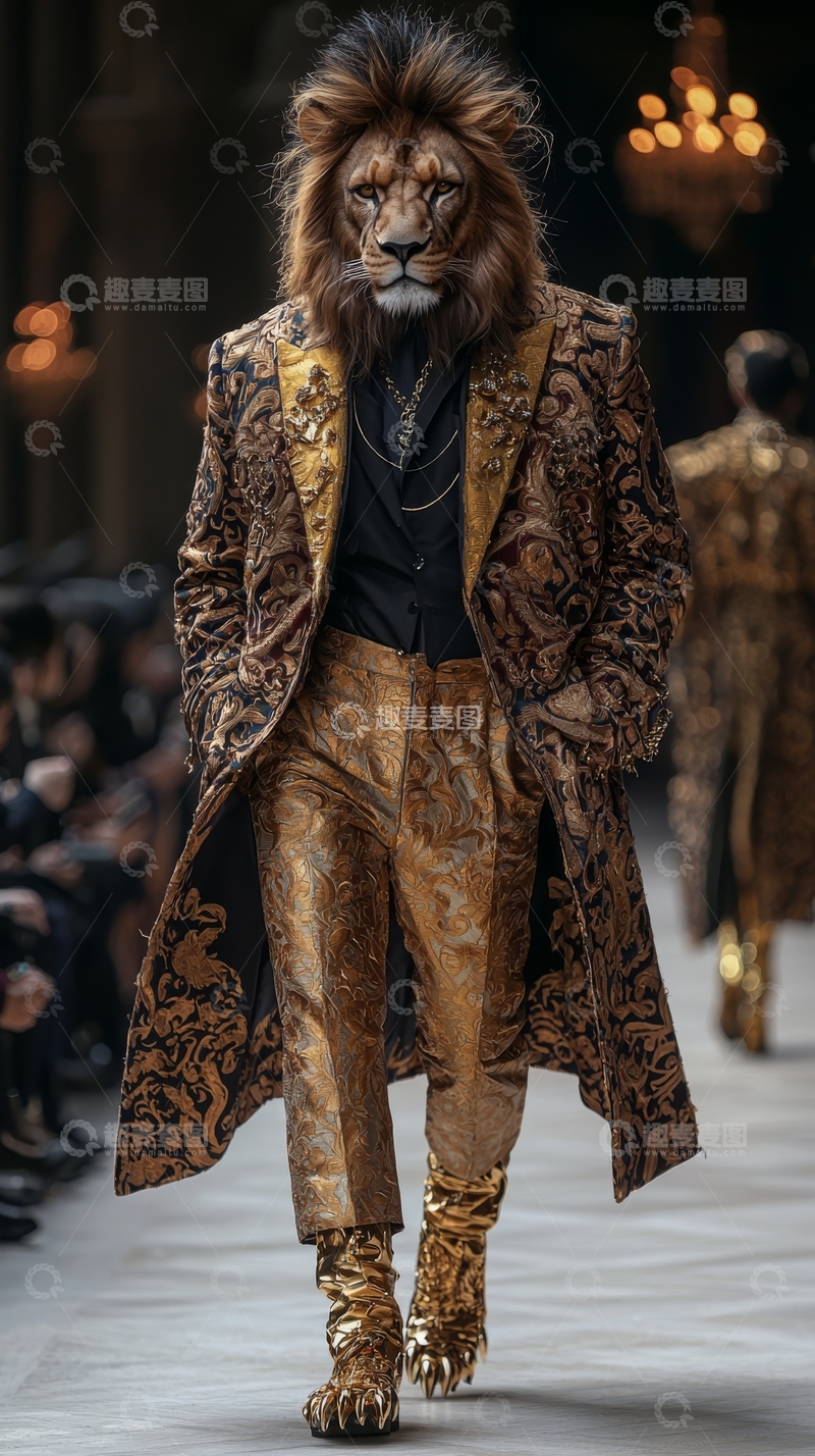 高清大图下载【趣麦麦图】狮子头模特走秀，金色华丽服饰
