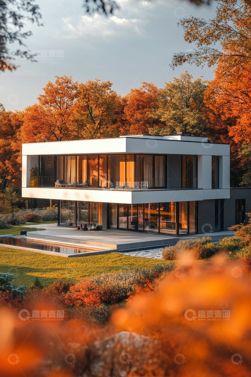 高清大图下载【趣麦麦图】现代别墅在秋日森林中的静谧景象