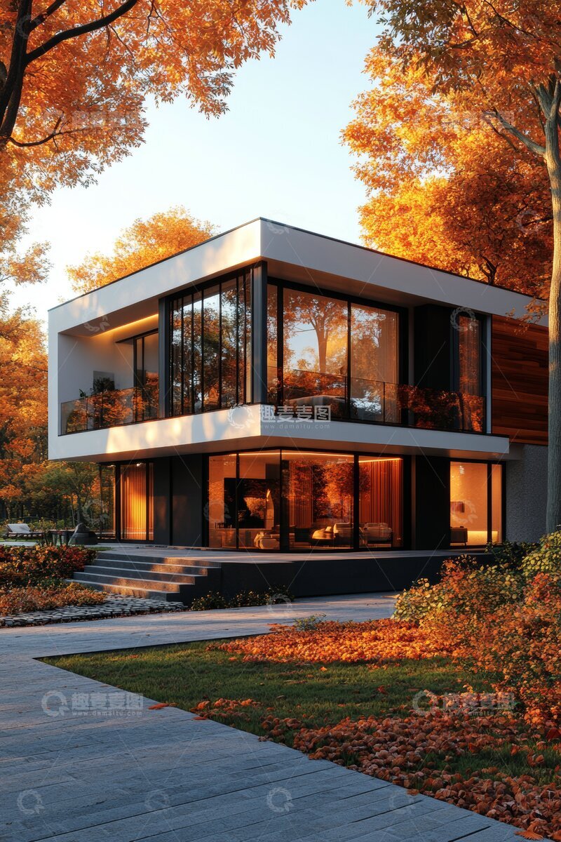 高清大图下载【趣麦麦图】现代玻璃屋在秋日森林中