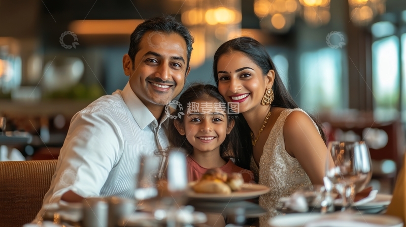 高清大图下载【趣麦麦图】一家三口在餐厅共进晚餐
