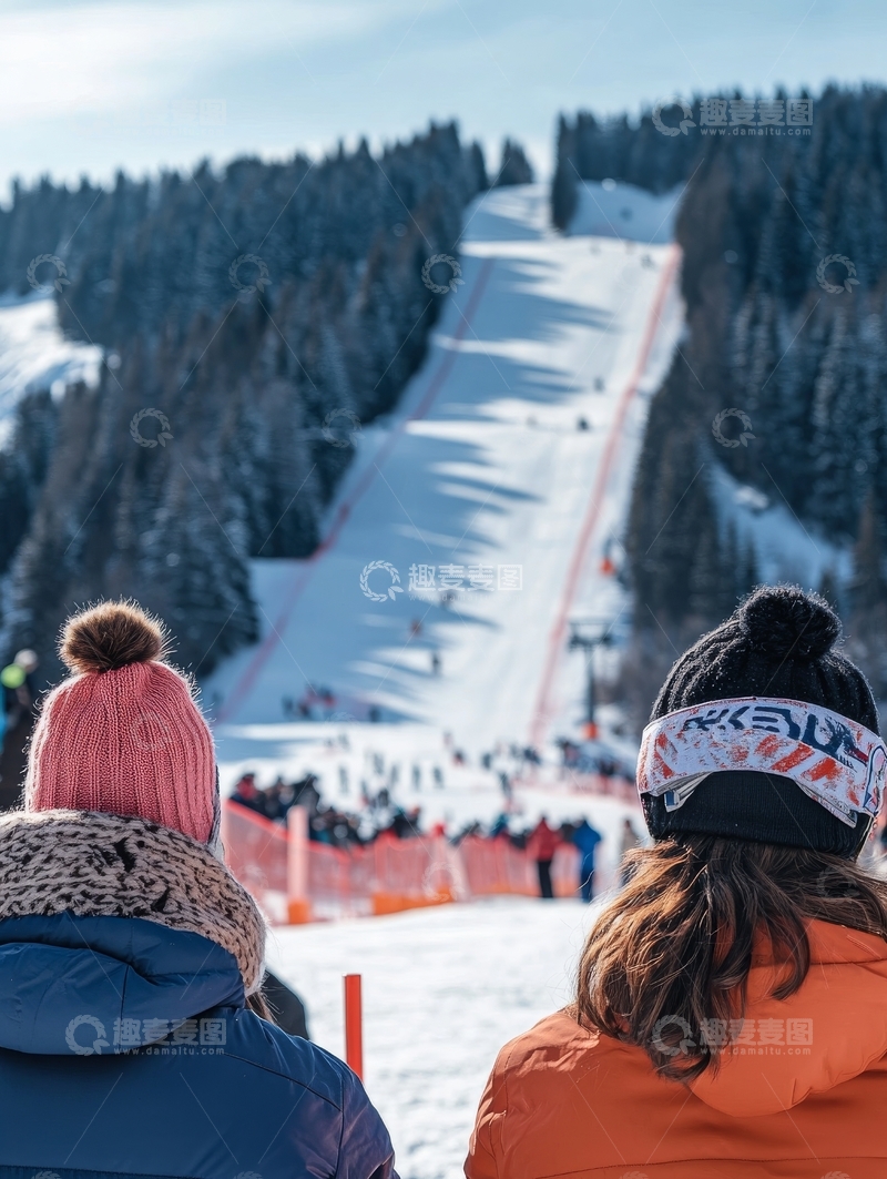 高清大图下载【趣麦麦图】雪道旁观众观看滑雪比赛