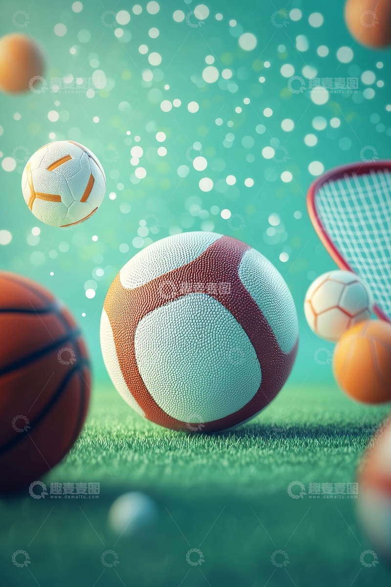 高清大图下载【趣麦麦图】多彩运动球在草地上跳跃