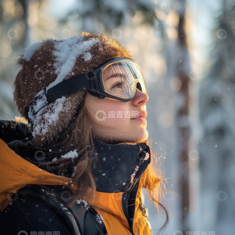 高清大图下载【趣麦麦图】雪地中的女子，戴着护目镜仰望天空