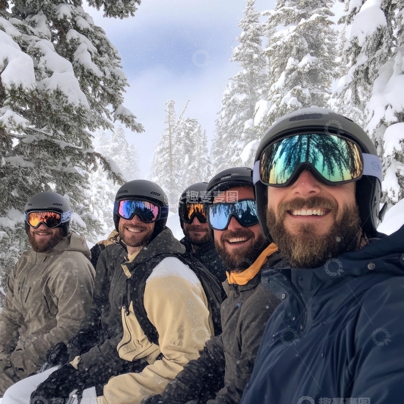 高清大图下载【趣麦麦图】雪地自拍：五位滑雪者在雪松间合影