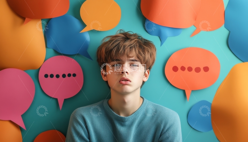 高清大图下载【趣麦麦图】少年坐在色彩斑斓的对话气泡前