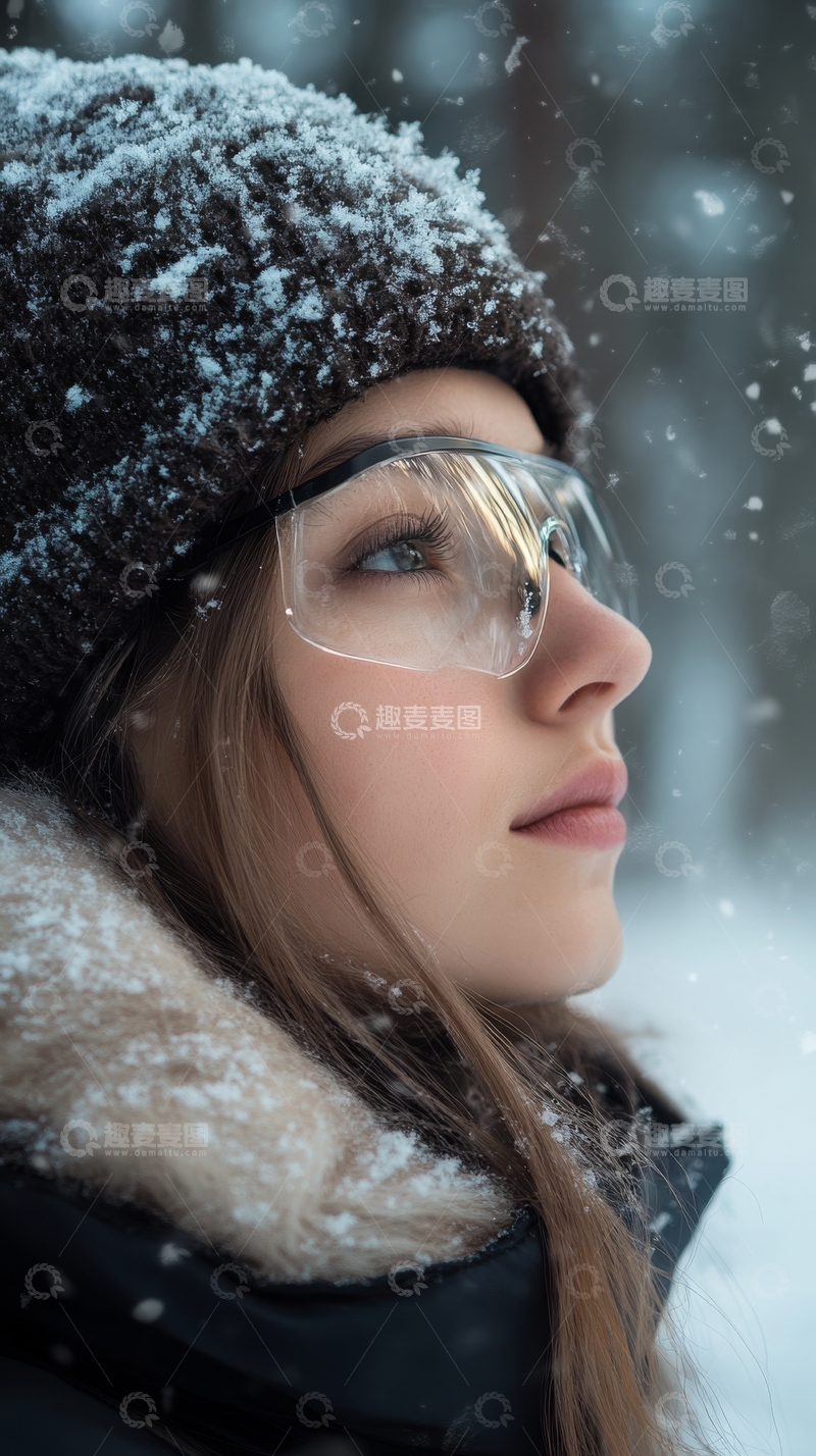 高清大图下载【趣麦麦图】雪中少女侧脸特写