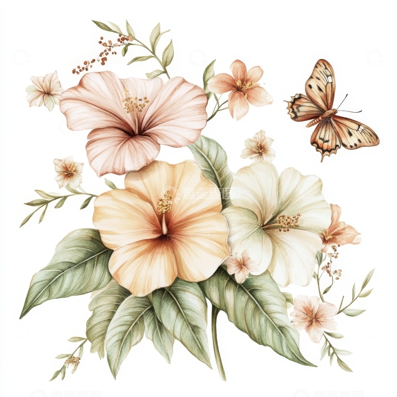 高清大图下载【趣麦麦图】热带花卉与蝴蝶的优雅组合