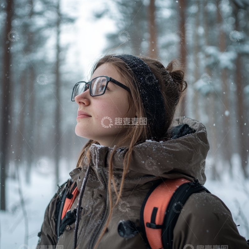 雪林中沉思的女子
