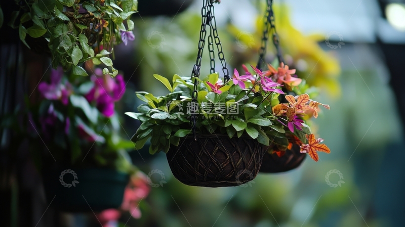高清大图下载【趣麦麦图】悬挂的花篮，绽放着鲜艳的花朵