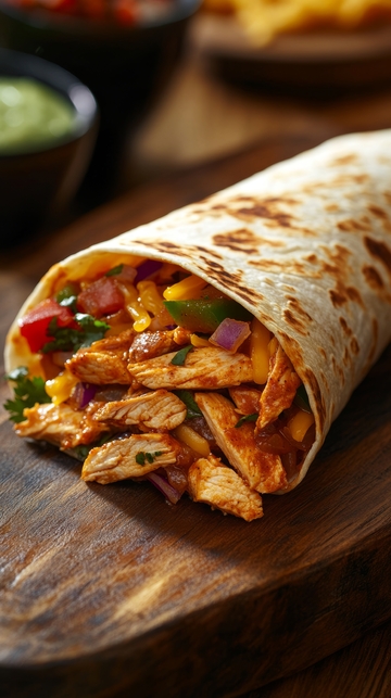 鸡肉蔬菜卷饼，木板上展示