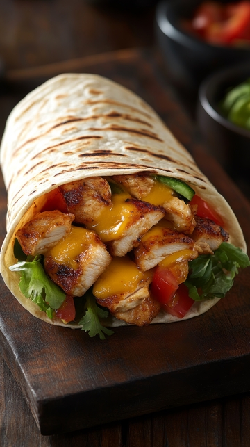 鸡肉芝士卷饼，配以蔬菜和酱料