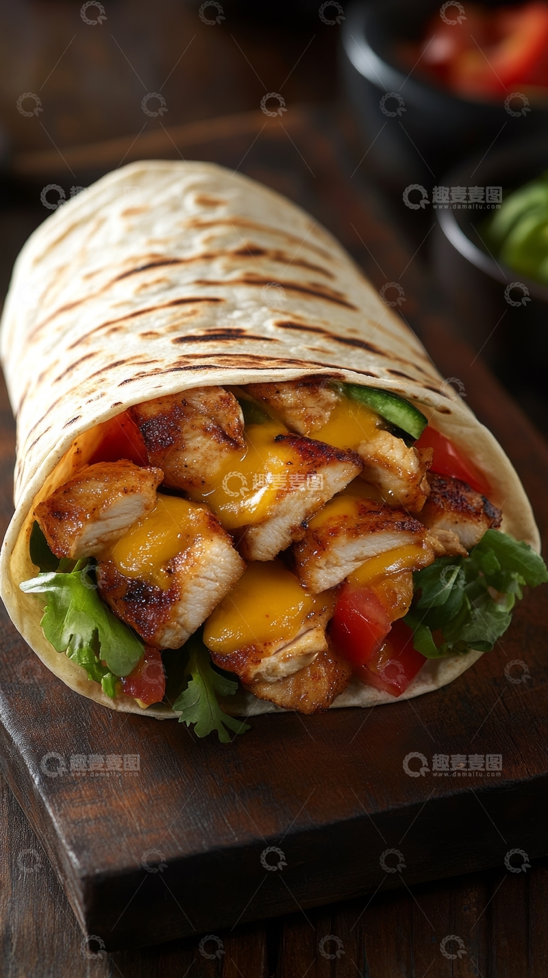 高清大图下载【趣麦麦图】鸡肉芝士卷饼，配以蔬菜和酱料