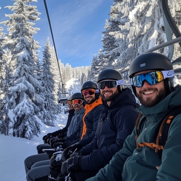 雪地缆车上五人合影