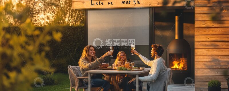 高清大图下载【趣麦麦图】户外露台聚会，三人举杯庆祝