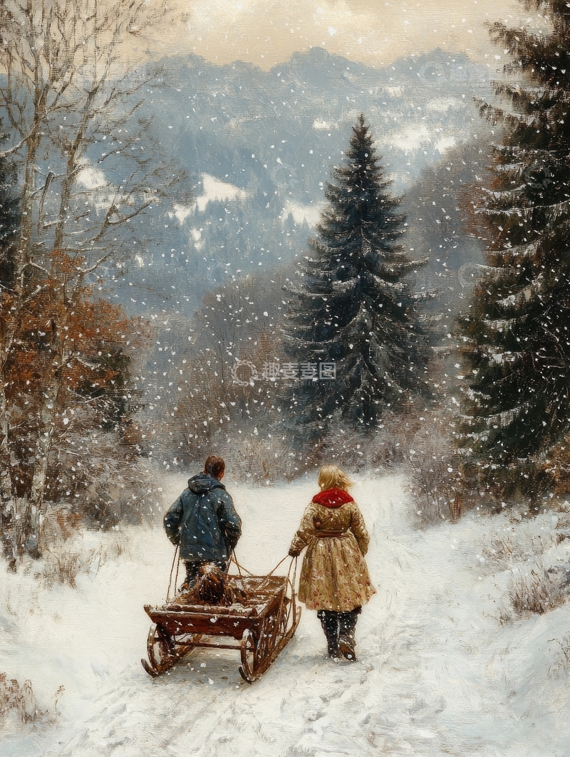 高清大图下载【趣麦麦图】冬日雪景中两人推车前行