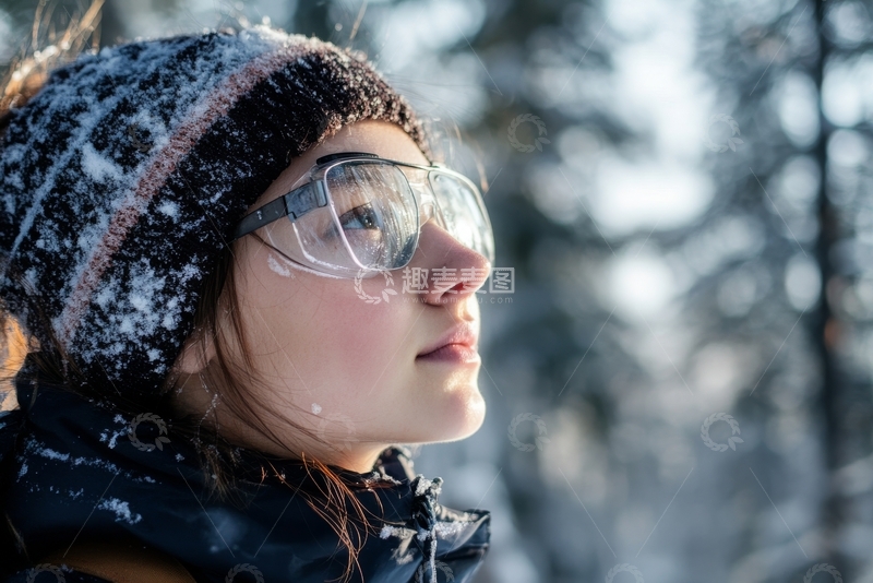 高清大图下载【趣麦麦图】雪中少女侧脸特写