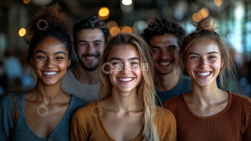 五位年轻人室内合影，笑容灿烂