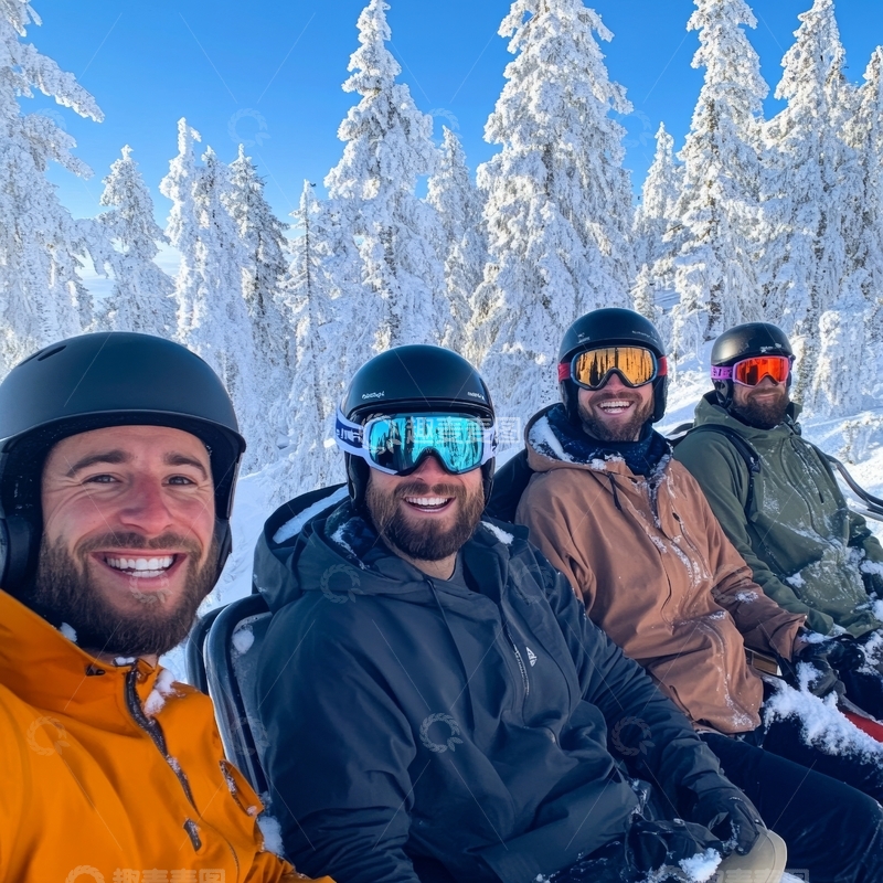 高清大图下载【趣麦麦图】雪地自拍：四位滑雪者在雪松林前合影