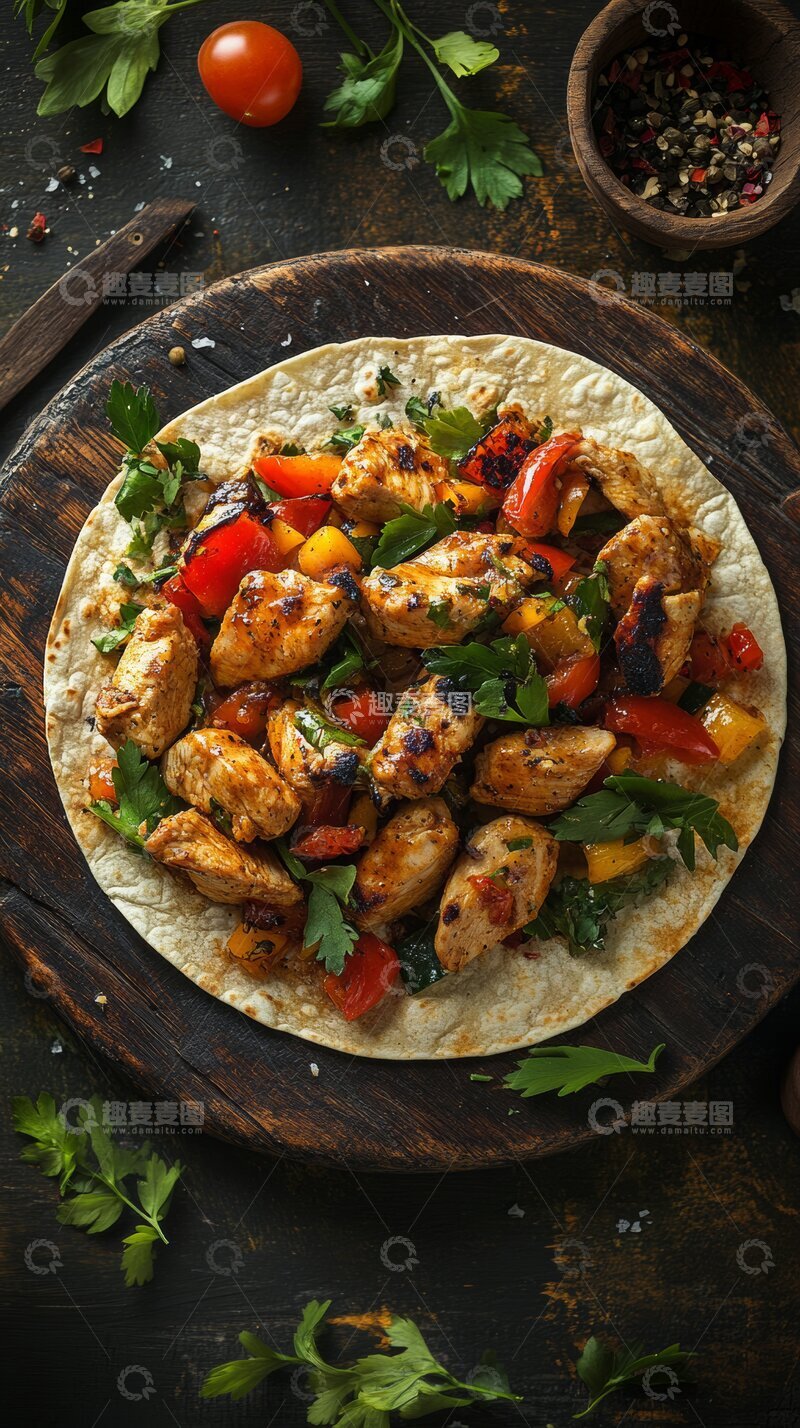 高清大图下载【趣麦麦图】烤鸡配蔬菜的卷饼