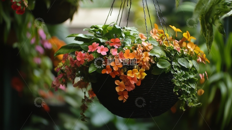 高清大图下载【趣麦麦图】悬挂花篮中的多彩花卉