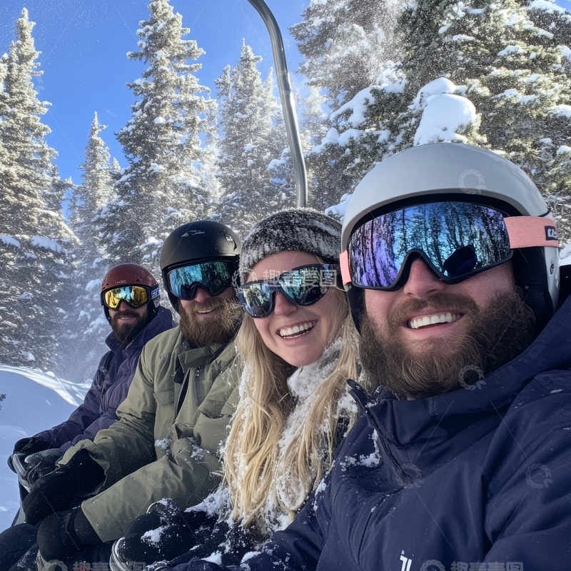 高清大图下载【趣麦麦图】雪地缆车上四人合影
