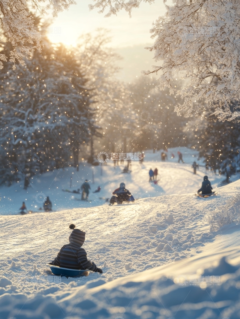 高清大图下载【趣麦麦图】冬日雪地滑行，欢乐人群
