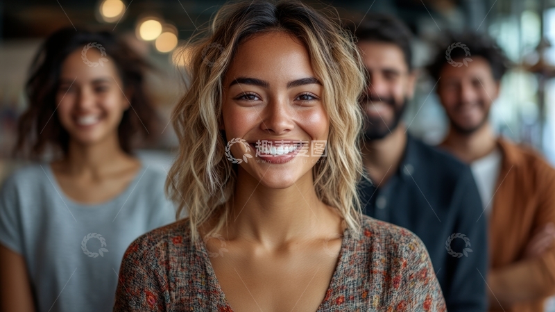 微笑女子与背景人群