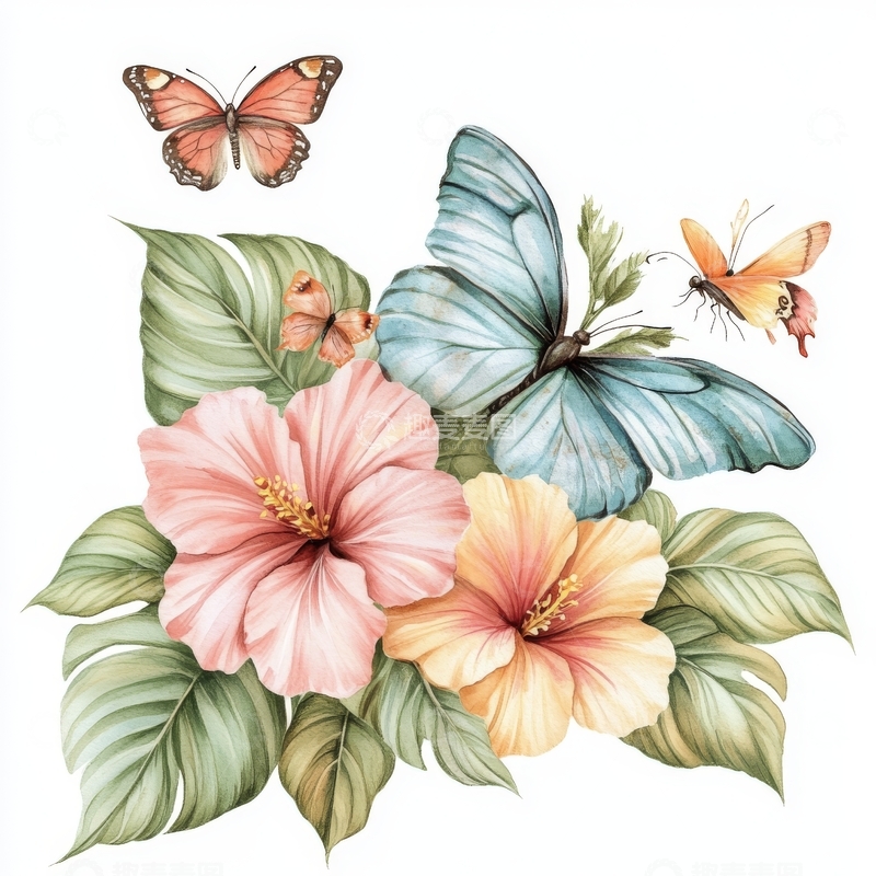 高清大图下载【趣麦麦图】热带花卉与蝴蝶的和谐组合
