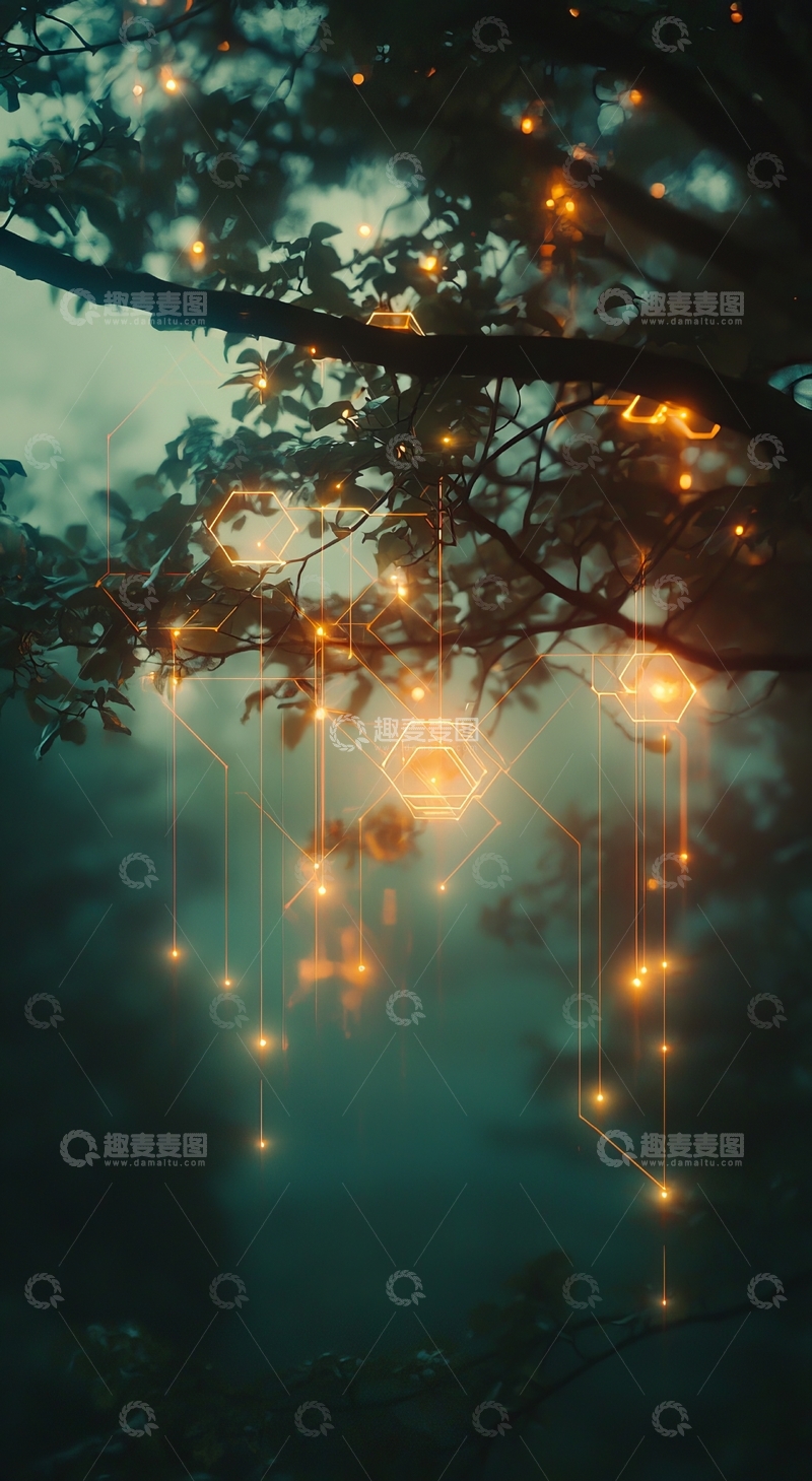 高清大图下载【趣麦麦图】树间悬挂的梦幻灯光