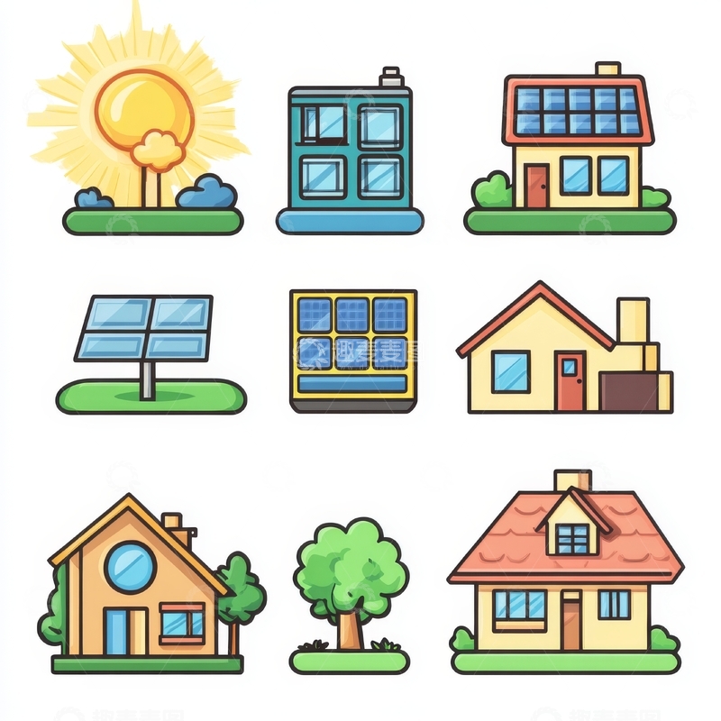 高清大图下载【趣麦麦图】太阳能与住宅建筑插图