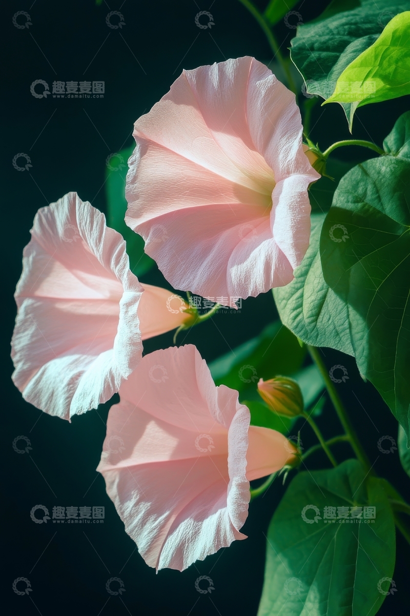 高清大图下载【趣麦麦图】粉色牵牛花在绿叶衬托下绽放