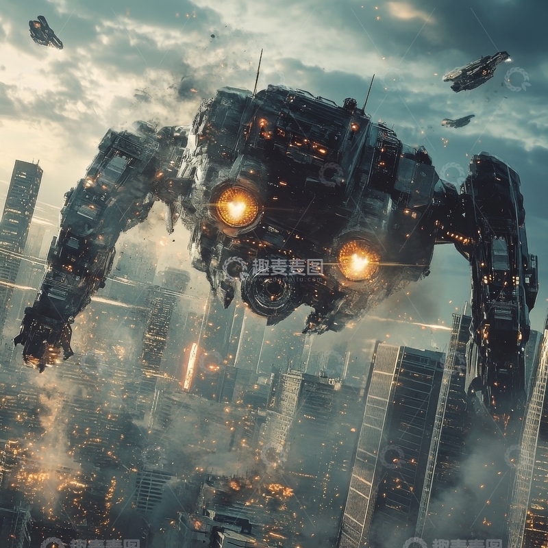 高清大图下载【趣麦麦图】巨型机甲城市上空飞行