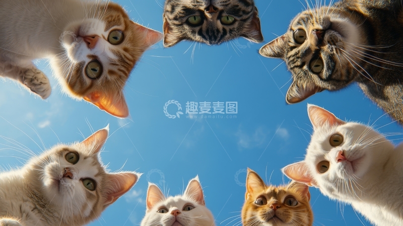 高清大图下载【趣麦麦图】猫咪围成一圈仰望天空