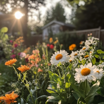 花园中的雏菊与金盏花在夕阳下绽放