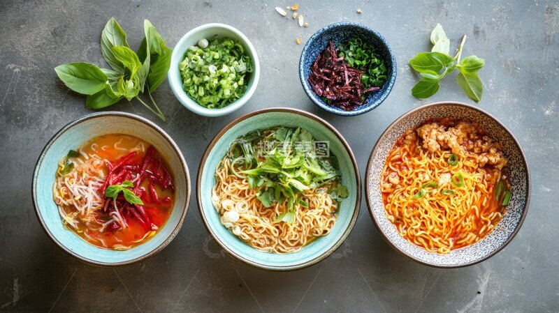 高清大图下载【趣麦麦图】-多样亚洲美食，色彩丰富的面条与配菜