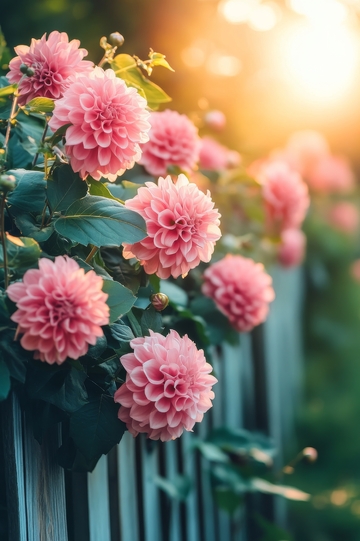 粉色大丽花在夕阳下的围栏旁绽放
