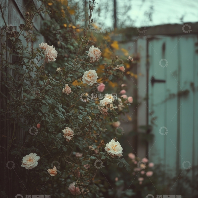 高清大图下载【趣麦麦图】墙边绽放的淡雅玫瑰