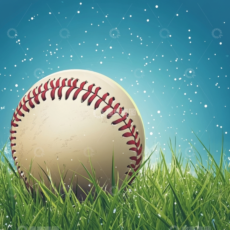 高清大图下载【趣麦麦图】草地上的棒球与星光背景